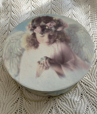 Cardboard Hat Box w/Girl Child Angel Holding Bird w/Carrying Rope- Round 13x5.5"