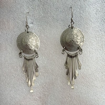 Vintage Silver Tone Coin Earrings 1975 BANCO CENTRAL DE RESERVA DEL PERÚ