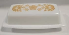 Vintage Pyrex Butter Dish Gold White Milk Glass Butterfly Floral Print MCM 7X3.5