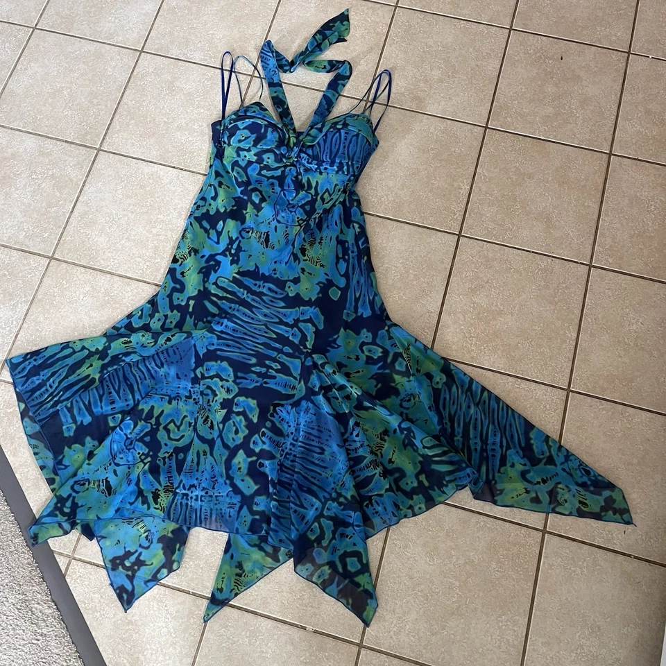 Vestido Babydoll Vintage Años 90 Metáfora Deadstock Azul Verde En Niveles Hada Y2K Talla 16 Foto 3 de 4