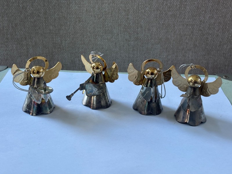4 Vintage MCM Silver Plated/Brass Angel Christmas Ornaments Playing Instruments