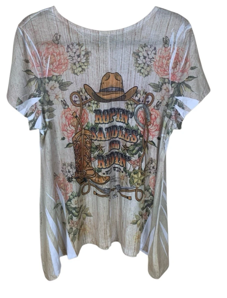 Top túnica mujer Big Bang estrás vaquera manga corta pañuelo dobladillo 2XL Foto 3 de 4