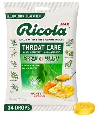 Ricola Max Honey Lemon Throat Care Large Bag Cough Suppressant Drops ,34 Count