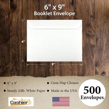 500 Cashier Depot - 6" x 9" Booklet Envelopes, 24 lb White Wove Paper, Gummed Fl