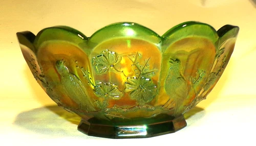 Northwood Singing Birds Carnival Glass Green Master Berry Bowl Large