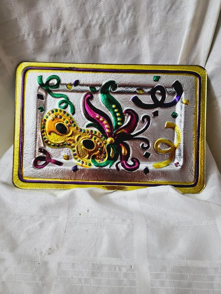 Mardi Gras Glass Platter Fleur de lis Reverse Metallic Painted 13.75”-3 Dinner - Image 3 of 4