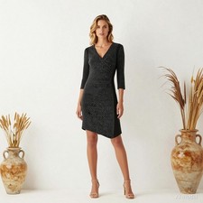 Glam Cocktail Knee Length Dress Black Grey Sheath V-Neck Sleeve Zip Esprit US 4