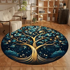 1pc Non-Slip Round Mat - Machine Washable Mat with Golden Tree & Night Sky Desig