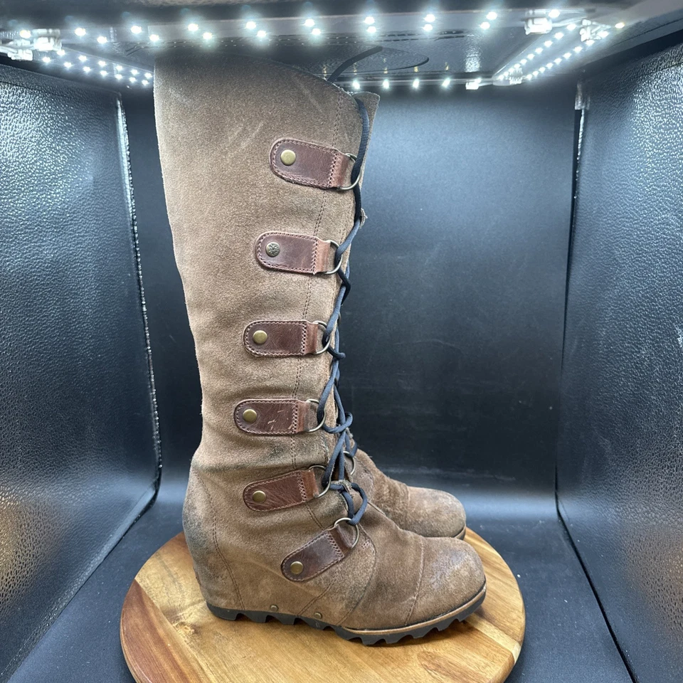 Botas de cuña Sorel Joan of Artic para mujer talla 7 altas de encaje marrón gamuza mocasines Foto 3 de 4