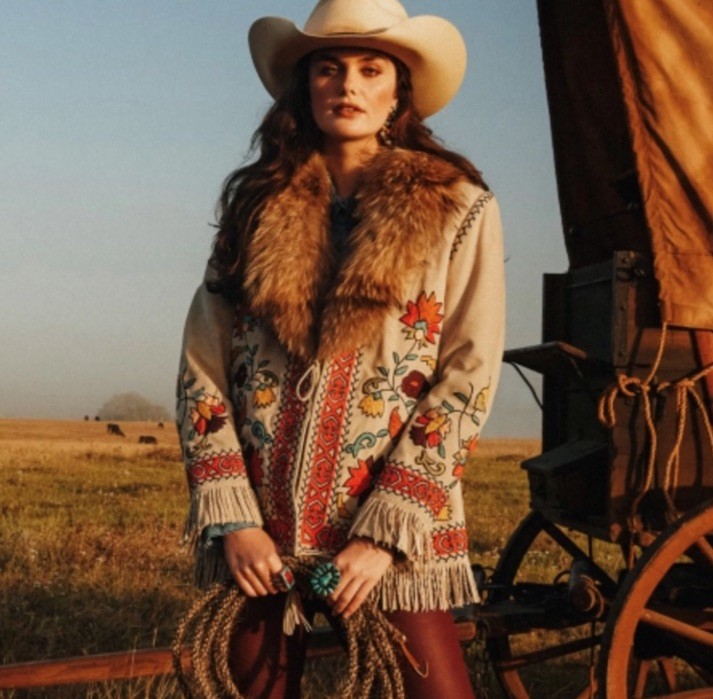 Double D Ranch wrangled & tangled embroidered leather fur jacket RTL $1395 M NWT