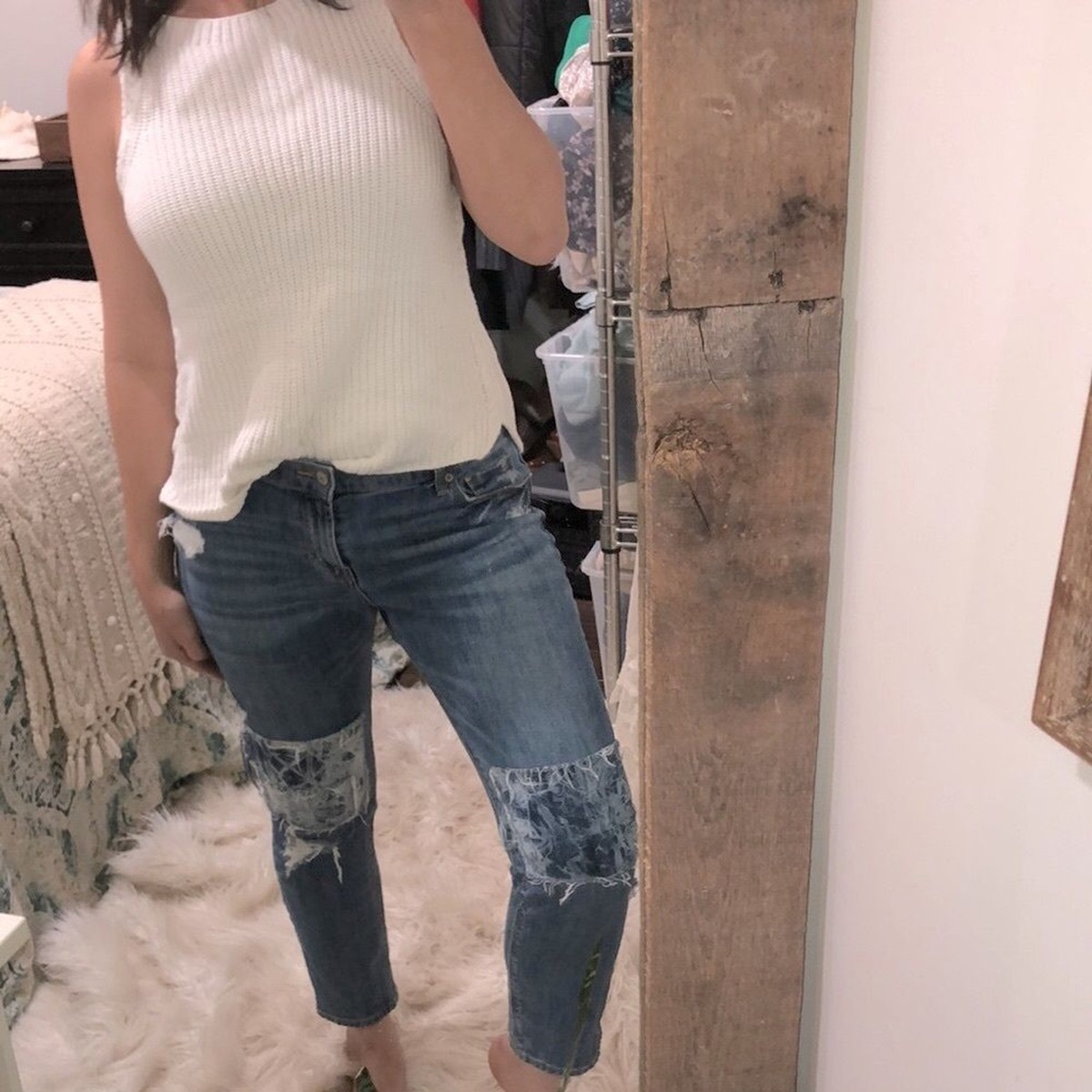 Old Navy jeans boyfriend mid rise patches detail size petite