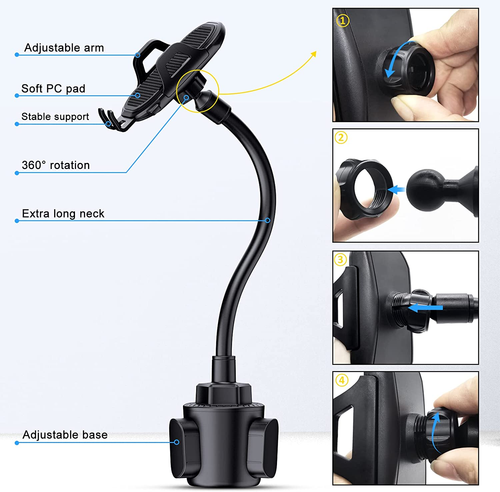 Cup Phone Holder for Car, Flexible Gooseneck Cup Holder Phone Mount Adjustable - Photo 3 sur 12