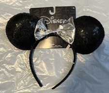 Disney Minnie Mouse Ears Black Sequins Silver Bow Headband - NEW w/ Tags
