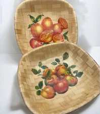 Woven Bamboo Decorative Plates with Fruit Oranges Flowers Set Of Two Vintage