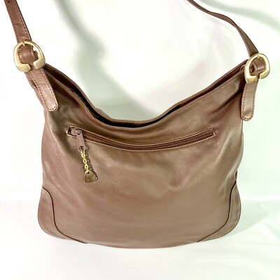 BRIO Brown Leather Hobo Bag Soft Velvet Velour Interior 14x10  Brass Hardware