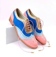 Women's Multi Color Leather and Suede Oxford Wingtip Brogue Lace up Fashion Shoe