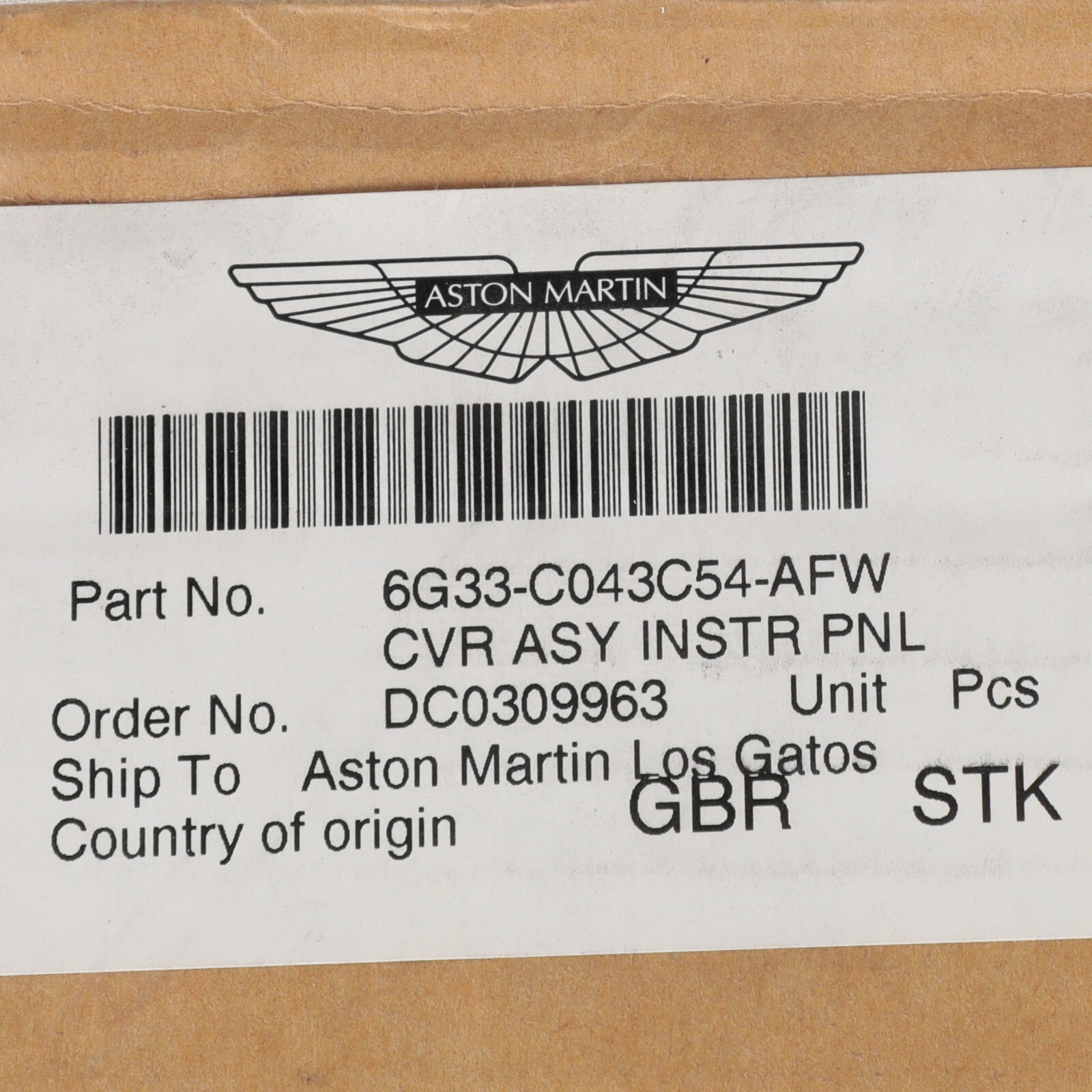 GENUINE ASTON MARTIN CVR INSTRUMENT PANEL ASSEMBLY OEM NEW 6G33-C043C54-AFW