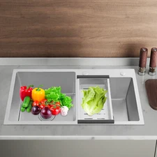 Double Bowl Drop-in Kitchen Sink 2 Bowl Set Stainless Steel Sink +Drain basket