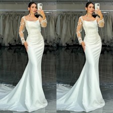 Mermaid Wedding Dresses Long Sleeves Sexy Satin Lace Sweep Train Bridal Gowns