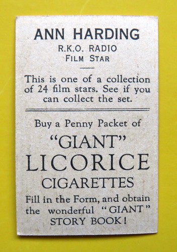 1932 Australian Giant Licorice Film Star Card: ANN HARDING - Picture 2 of 2