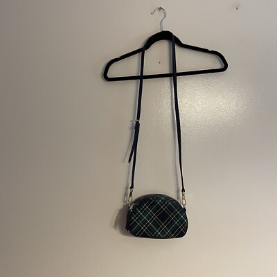 Talbots Navy Blue Green Cotton Adjustable Strap Preppy Cabin Plaid Crossbody Bag