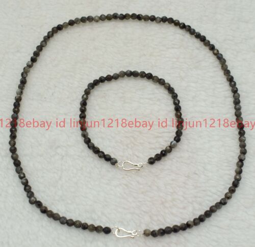 New 4/6mm Faceted Black Labradorite Round Gems Bead Necklace Bracelet 18/7.5in - Picture 10 of 12