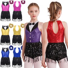 Kids Girls Dress Latin Leotard Set Sequin Sparkle Clothes Performance Costume