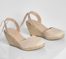 Ladies Nude Hessian Wedges Shoes Strappy Closed Tie Up Toe Sandals Comfy Sizes