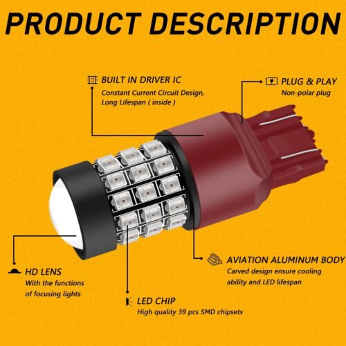7440 7443 LED Strobe Brake Lights Bulbs, Pure Red Flashing W21W T20 Wedge - Picture 3 of 9