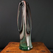 Swung Glass Vase Basket Hand Blown Art Glass Stretched Pulled Brown Blue Teal