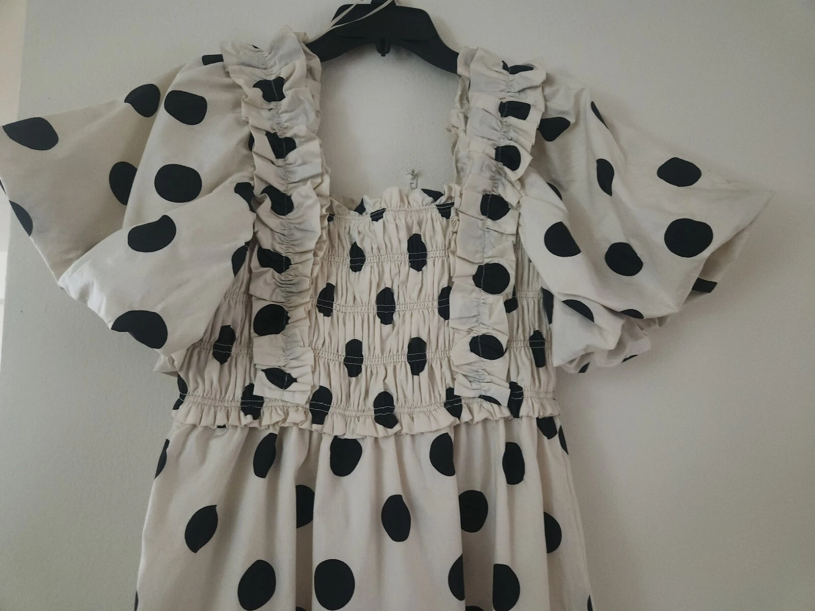 OFF WHITE Abito midi a pois a pois inglese smockato in fabbrica bianco con punti neri taglia M