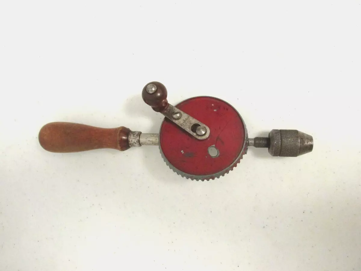 Vintage Hand Drill Made in USA Hand Crank Wood Handle Metal Rod and Gear