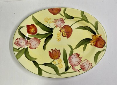 Vintage Nantucket Home 16.0  Oval Ceramic Serving Platter Tulip Flowers & Stems