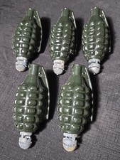 Lot Of 5 Cap Hand Grenade Toy Green Plastic w Metal End 5" Vtg Military Play Set