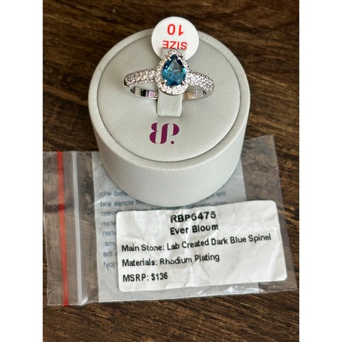 Bomb Party RBP6475 Ever Bloom Lab Created Dark Blue Spinel Rhodium Plating Sz 10 - Picture 5 of 5