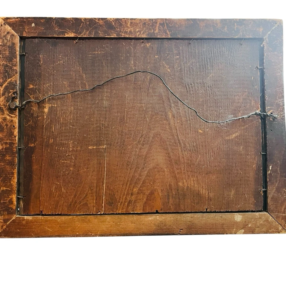 Antigua pintura de arte popular con flores óleo sobre panel de hojalata flores anaranjadas hoja verde Foto 3 de 4