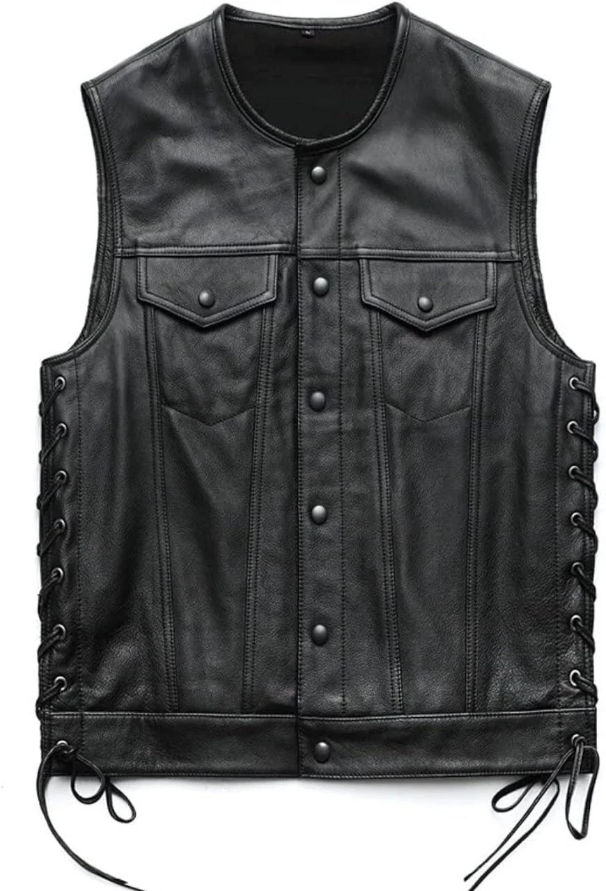 Men's Genuine Sheep Leather Biker Vest, 100% Genuine Black Leather Wasitcoat,