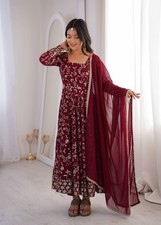 Women's Maroon Faux Georgette Anarkali Suit With Dupatta For Wedding Wear