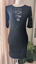 Forever 21 Black Lace Neck 3/4 Sleeves Bodycon Mini Dress Medium 