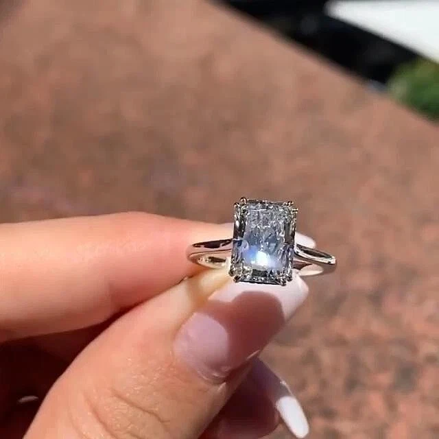 4Ct Lab Created Diamond Radiant Cut Engagement Solitaire 14K White Gold FN Ring - Image 2 of 4