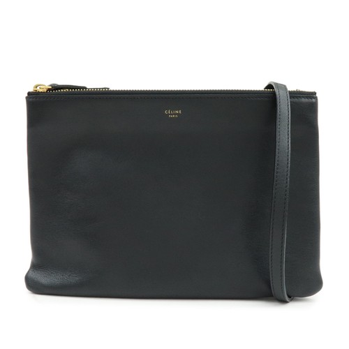 CELINE Trio Leather Shoulder Bag Crossbody Bag Black Authentic Used F/S