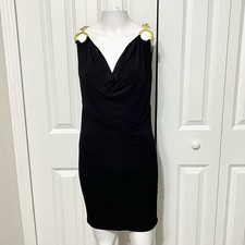 Cache Y2K Mini Dress XS Black Cowl Neck Medusa Gold Hardware Draped Cocktail USA