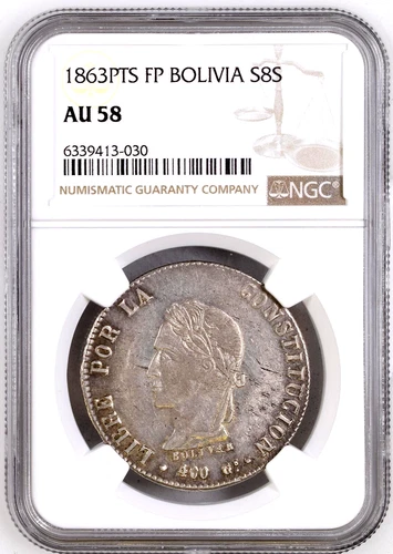 1863-PTS FP Bolivia Silver S8S Soles REPUBLICA BOLIVIANA NGC AU 58