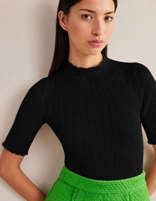 Boden Black Ribbed Pointelle High Neck Slim Top Size Large Preppy Academia