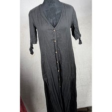 Reformation Black Linen Button Front Maxi Dress V-Neck Side Slit Tie Sleeve XL