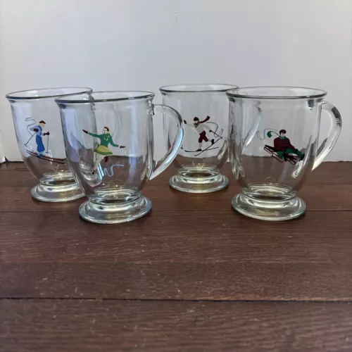 WILLIAMS=SONOMA Anchor Hocking Tea Coffee Footed Mug 14oz Winter Sports Set Of 4