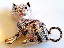 RHINESTONE CAT BROOCH Enameled Clear Crystal Animal, Feline Pendant Pin.