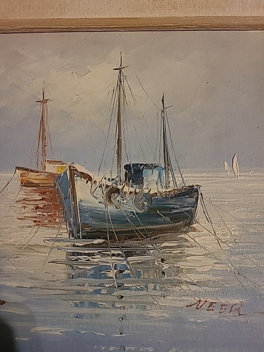 Vintage Oil Boats At Dock Sigend By Neer. Painting Is 9x8. Frame
