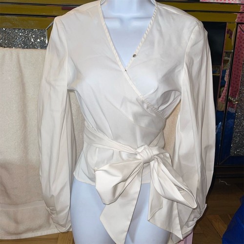 Women's White Wrap Blouse V-Neck Puff Sleeve Size S Casual Top Shirt Classic