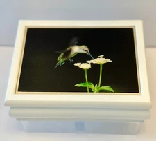 Sankyo Jewel Music Box~Hummingbird Over Flowers~White Enamel~Swan Lake~Gorgeous!
